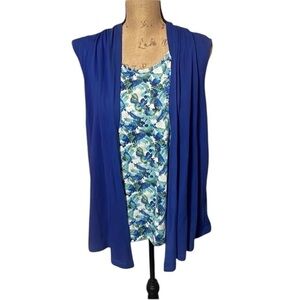 Basic Editions Blue and floral faux dual layer sleevelss t-shirt -